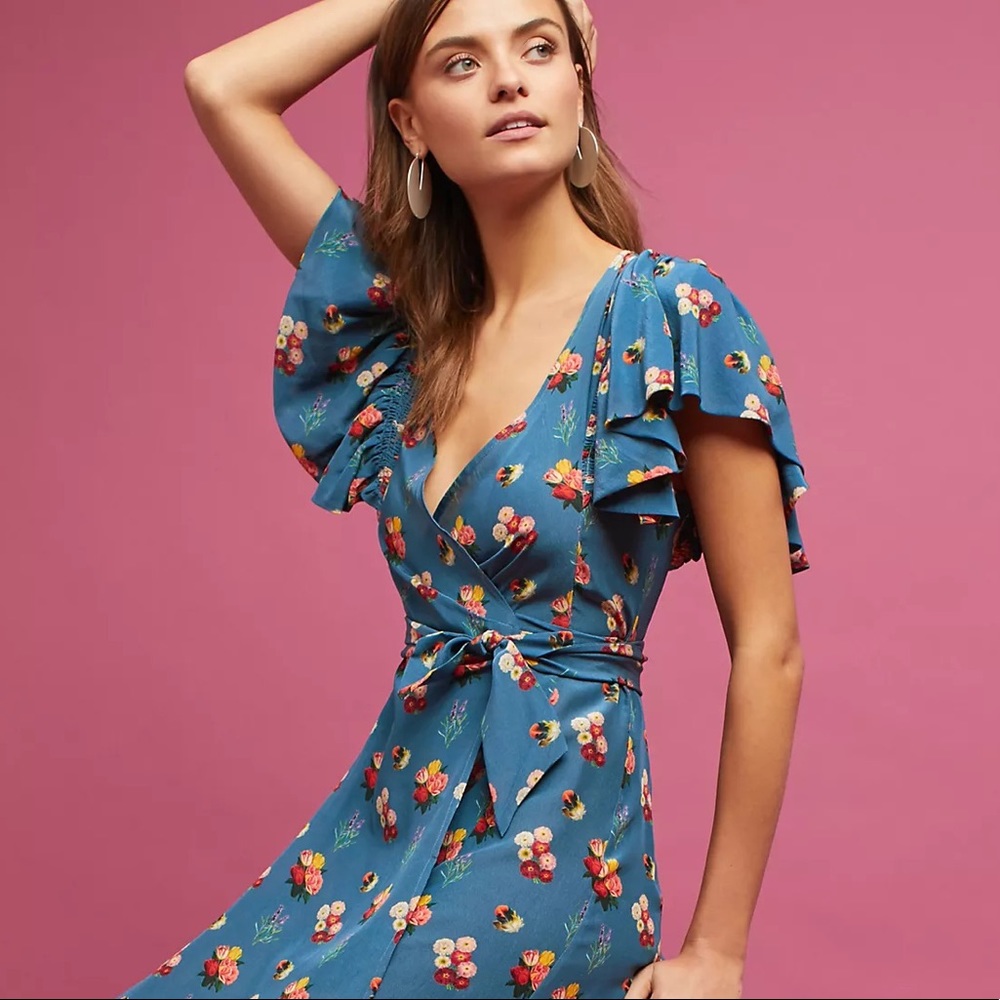 NEW Carolina K Wrap Silk Floral Mini Dress M Bouquet Sky